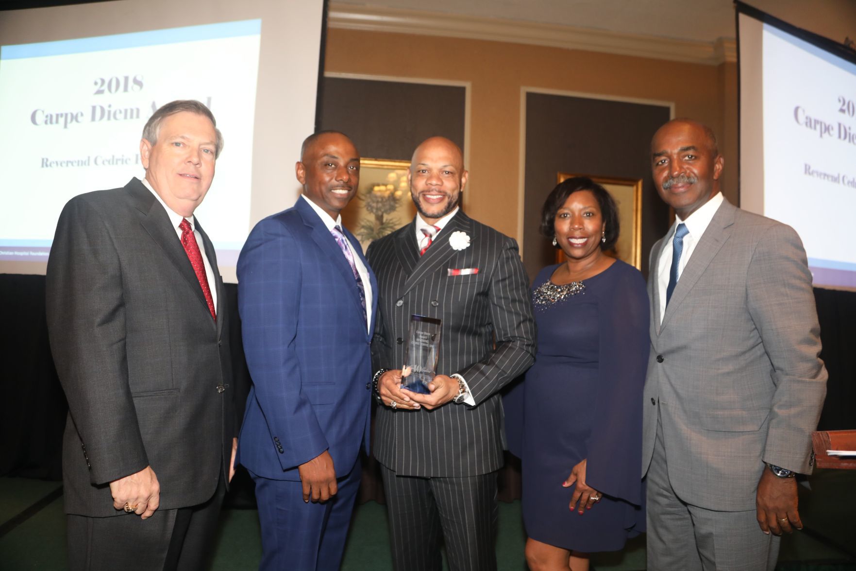 Dave Otto, Rick Stevens, Carpe Diem Award: Reverend Cedric Portis, Sr., Necole Powell, Chair, BJC HealthCare Board of Directors: Kelvin Westbrook